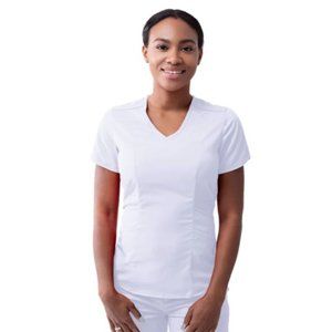 Adar Womens L White Modern Soft V-Neck 6-Pocket Ta